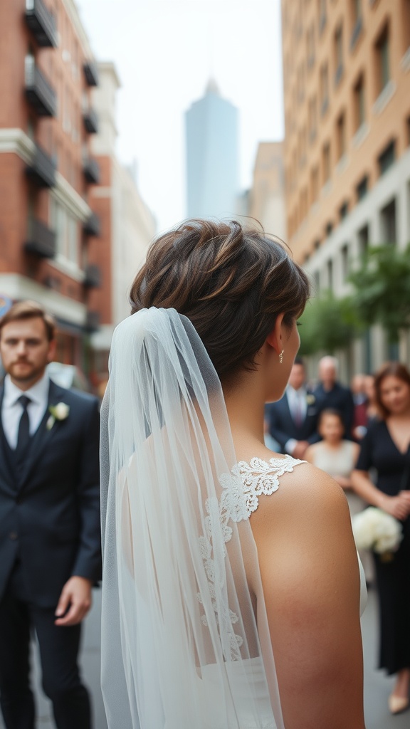 Bride with a textured pixie cut and a flowing veil in an urban setting