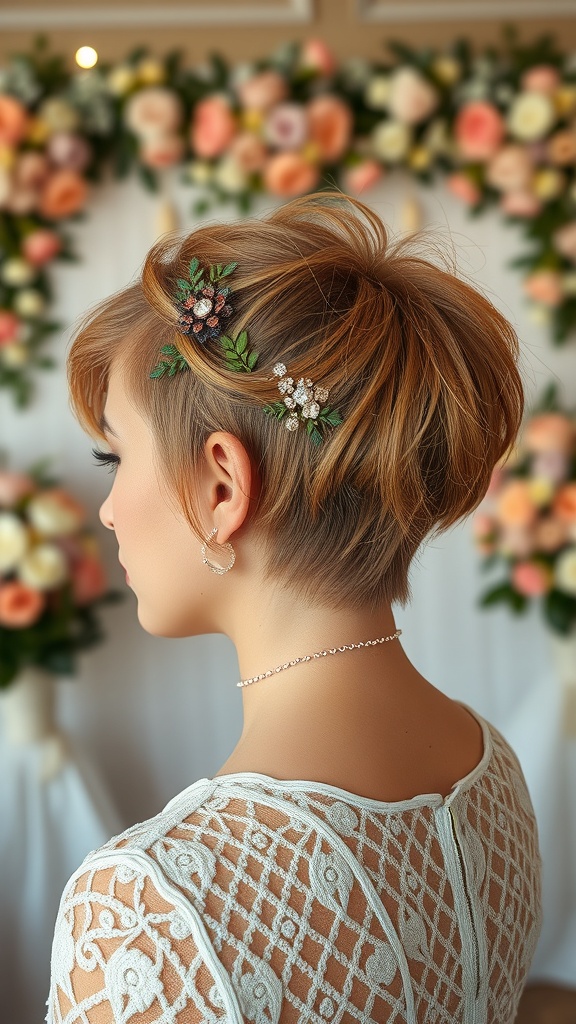 A woman with a textured pixie hairstyle adorned with floral hair accessories, set against a backdrop of flowers.