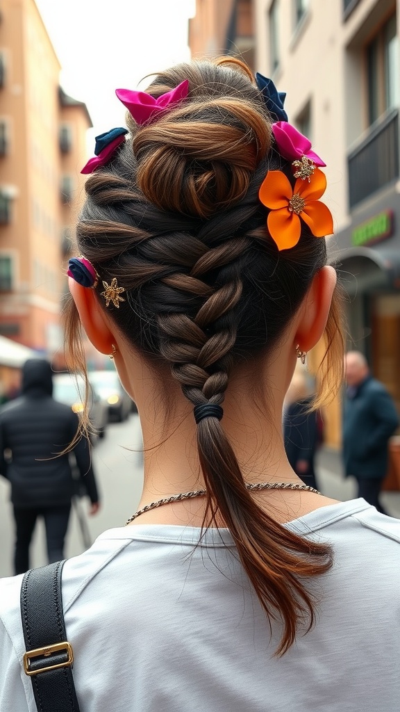 A woman with a textured ponytail adorned with colorful hair clips in a city setting.