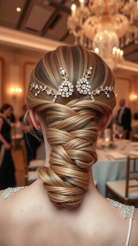 A textured ponytail hairstyle adorned with beaded hair accessories, seen from the back.