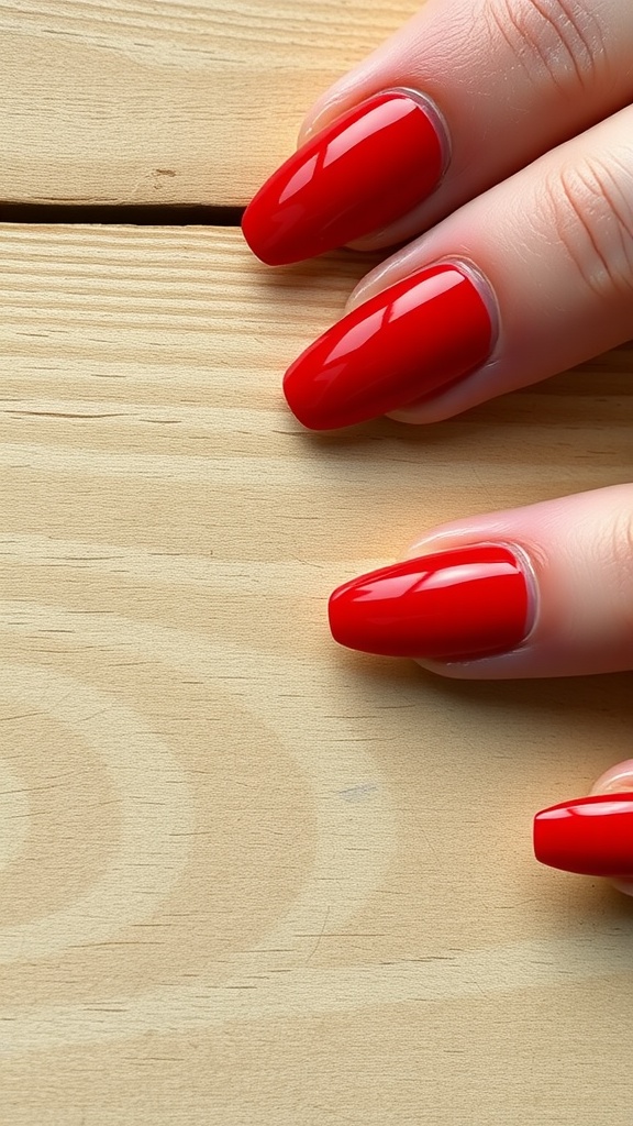 Close-up of beautifully manicured red acrylic nails on a wooden surface