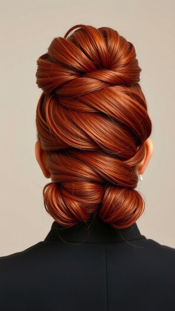 A textured red quick weave updo hairstyle showcasing intricate twists and buns.