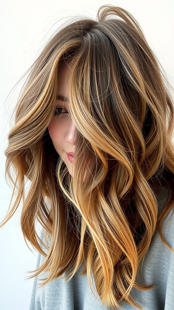 Textured side-parted wavy weave hairstyle with warm tones