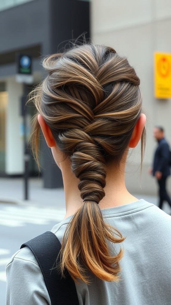 A woman showcasing a textured slick back ponytail hairstyle with a unique twist