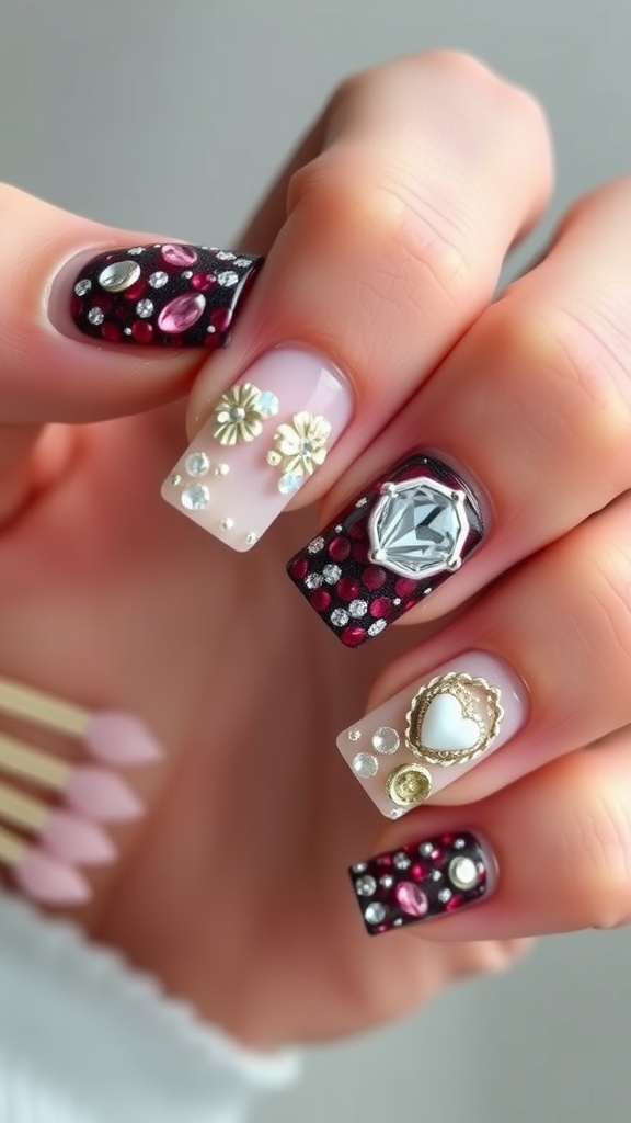 Close-up of beautifully designed textured square nails with 3D elements including rhinestones and floral designs.