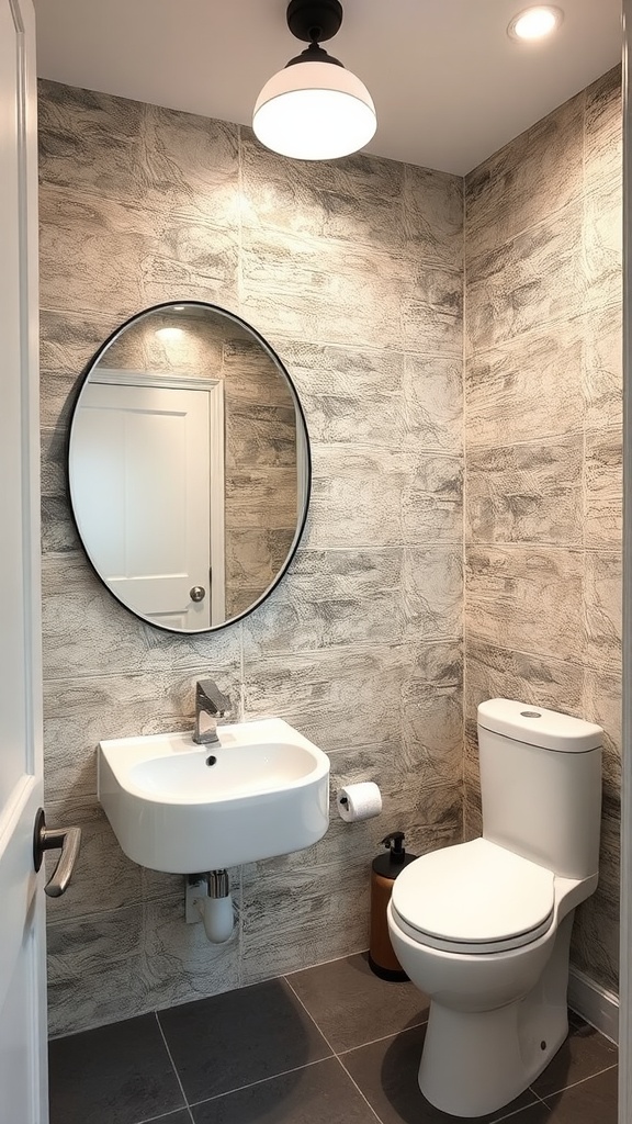 A guest bathroom featuring textured stone wallpaper, a round mirror, a modern sink, and a toilet.