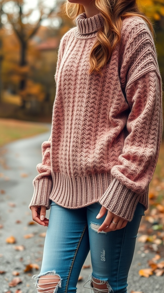 A woman wearing a textured pink sweater and distressed blue jeans, standing outdoors.