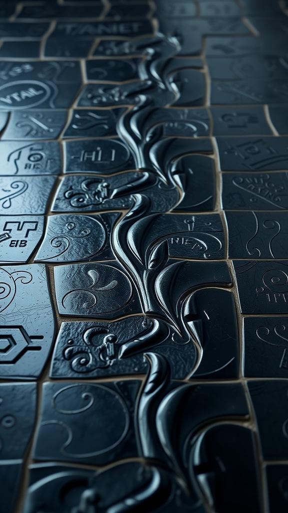 Textured black bathroom floor tiles with intricate designs