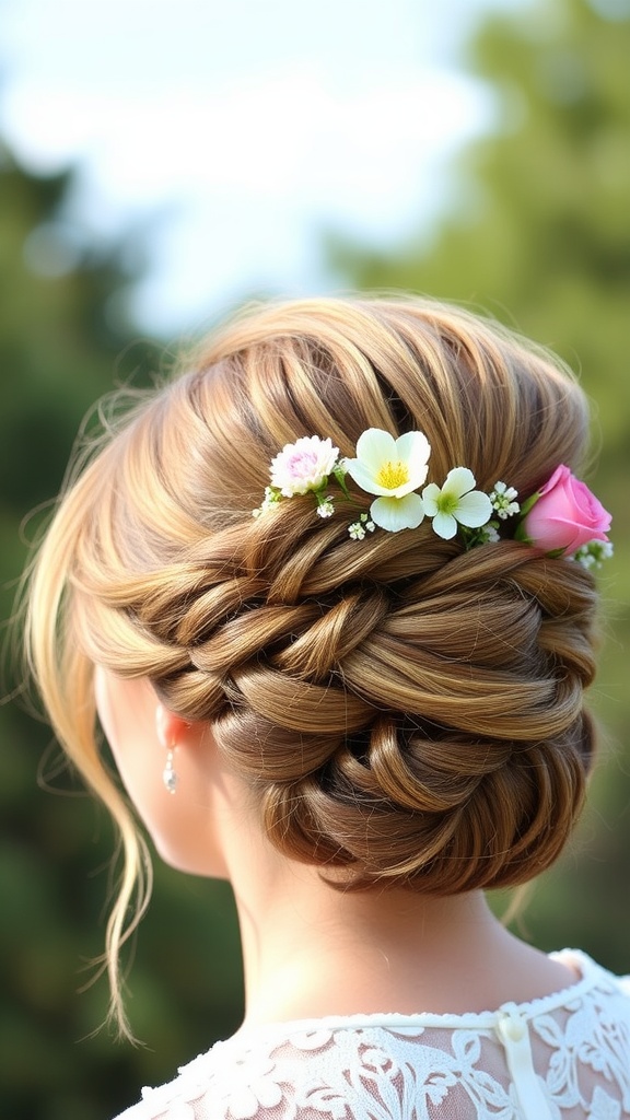 A close-up view of a textured updo hairstyle adorned with small flowers.