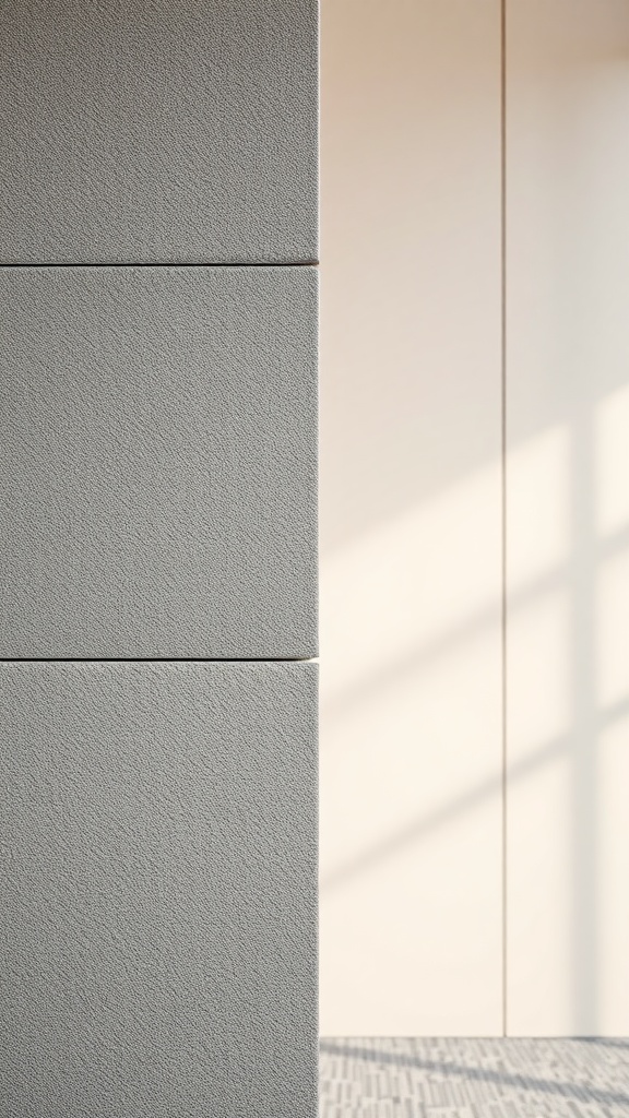 Textured gray wall panel in an office setting with a light-colored wall.