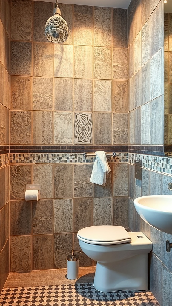 Interior view of a stylish bathroom featuring textured wall panels, patterned tiles, and warm lighting.