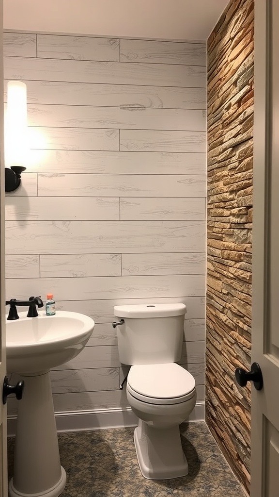 Modern guest bathroom with textured wall treatments featuring a stone wall and wooden paneling.