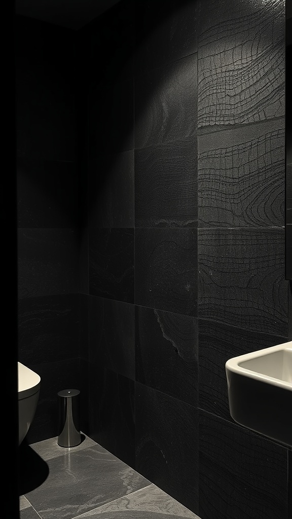 Dark bathroom with textured black wall tiles and minimal fixtures.
