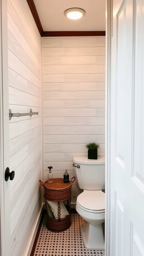 Small farmhouse bathroom with textured shiplap wall treatment.
