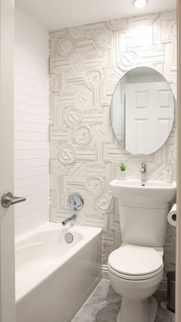 Small bathroom with textured wall, bathtub, and mirror