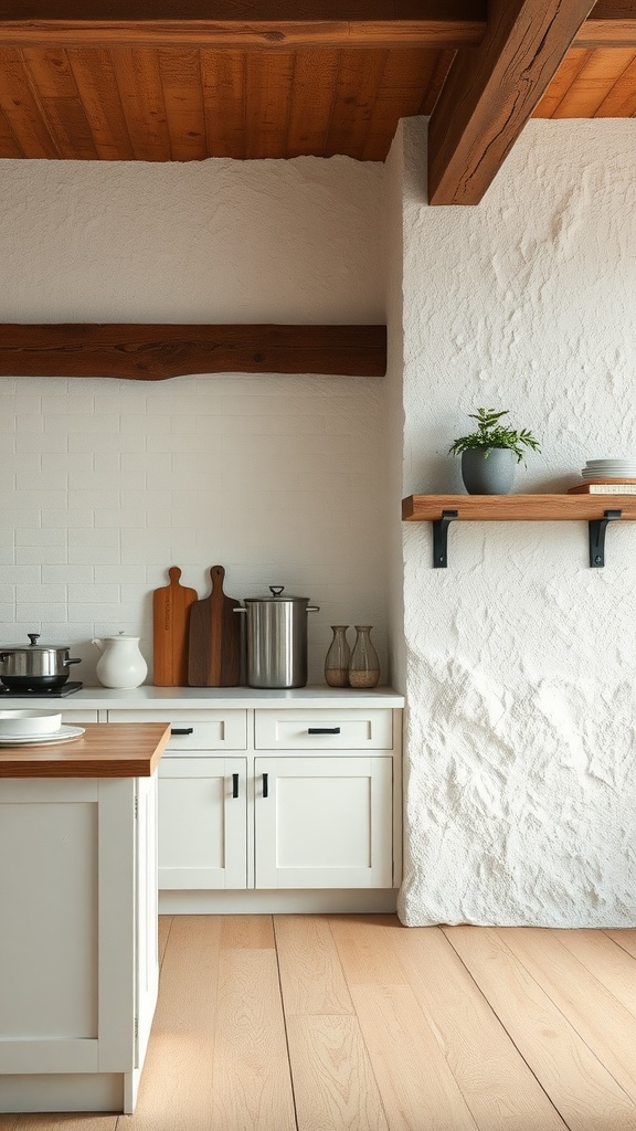 A cozy farmhouse kitchen featuring textured walls, wooden beams, and a modern island.