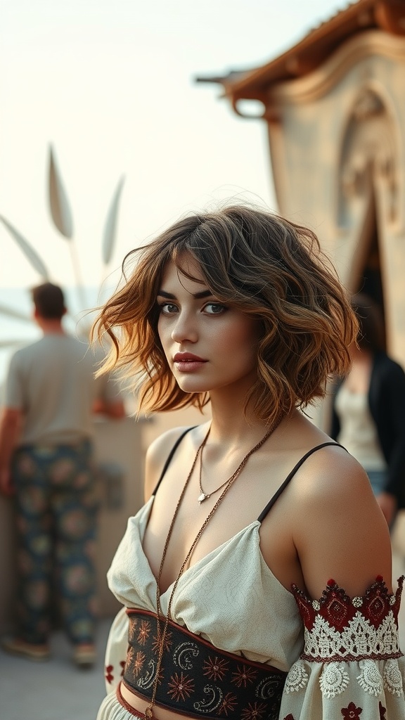 A woman with textured waves hairstyle, wearing a bohemian outfit, with a relaxed setting in the background.