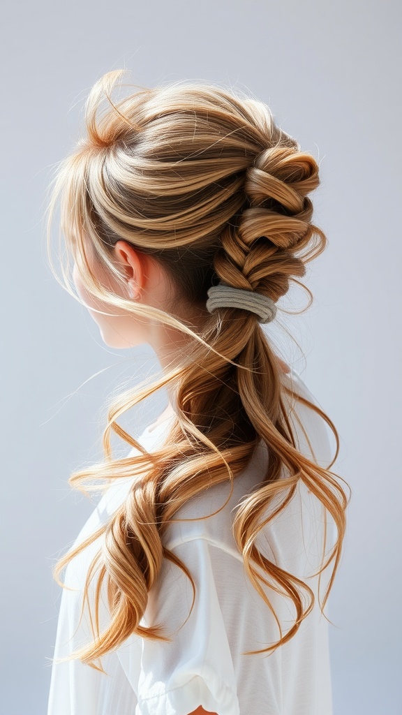 A woman with a side ponytail featuring textured waves, showcasing a stylish and elegant hairstyle.