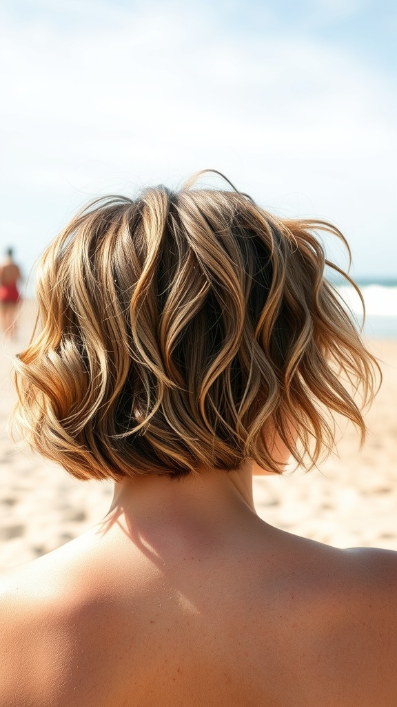 Short hair styled in textured waves with a beachy vibe, viewed from the back.