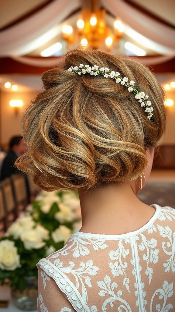 A woman with short wavy hair styled elegantly for a wedding, adorned with a floral hairband.