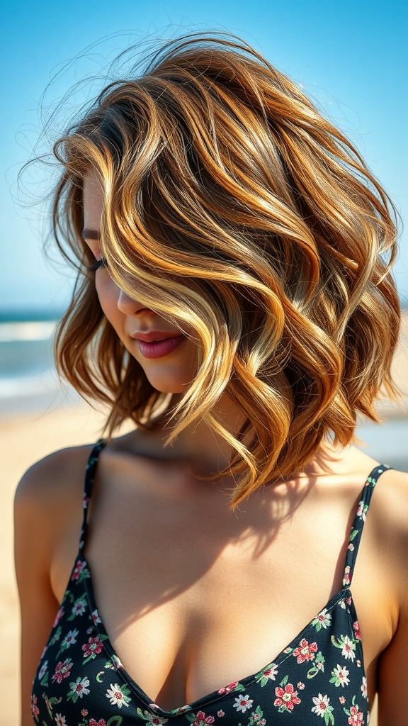 A woman with a textured wavy bob hairstyle, wearing a floral top, enjoying a sunny beach day.