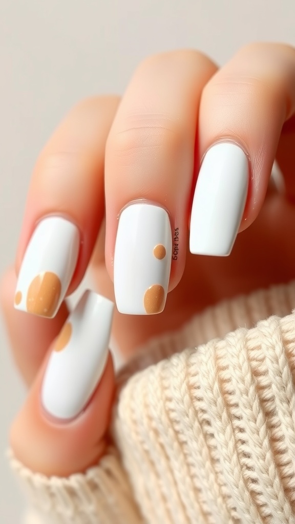 Textured white almond nails with warm dots