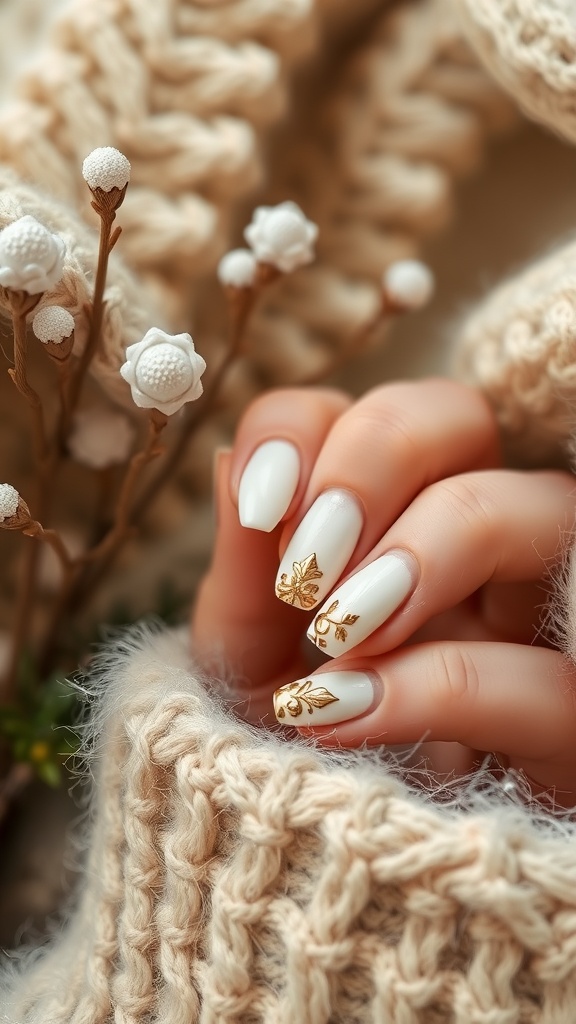 Close-up of textured white almond nails with gold accents, resting on a cozy knit fabric.