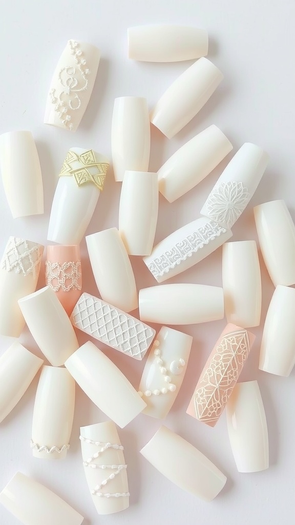 A collection of textured white nail tips with various designs