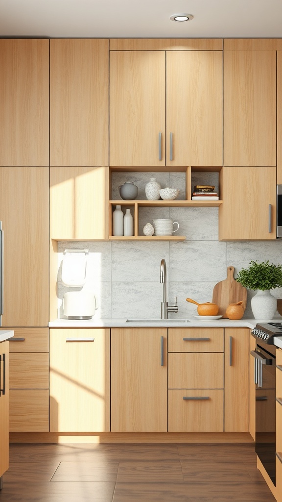 A modern kitchen with beige cabinets, white countertops, and silver hardware.