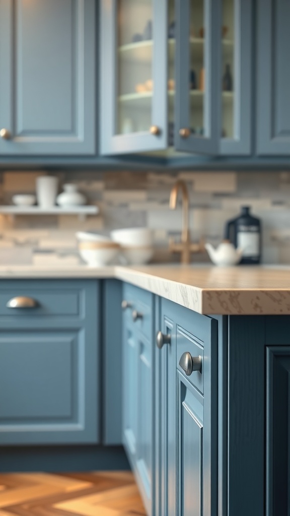 A close-up view of blue kitchen cabinets with a smooth finish and elegant knobs, showing a light countertop and wooden flooring.