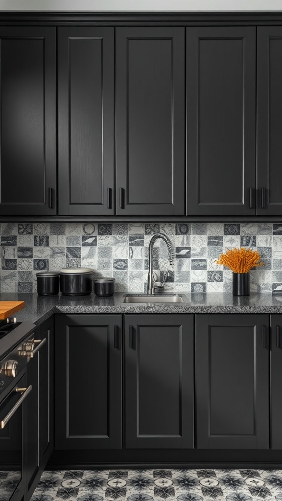 A modern kitchen featuring black cabinets, a patterned backsplash, and decorative floor tiles.