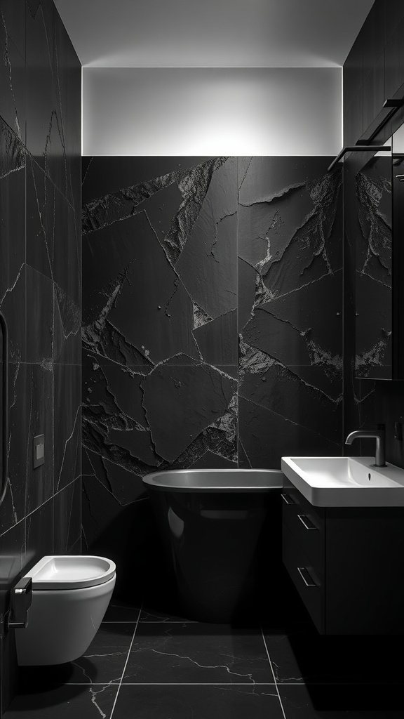 A modern black bathroom featuring textured dark stone walls, a sleek black bathtub, and a stylish sink.
