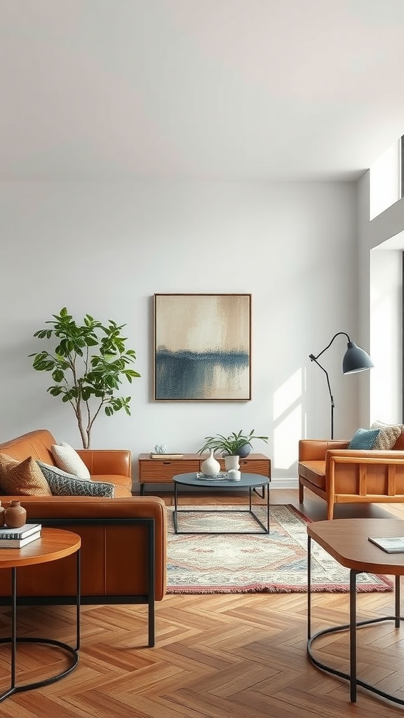 A cozy living room featuring leather sofas, a wooden floor, a coffee table with metal legs, and a decorative rug.