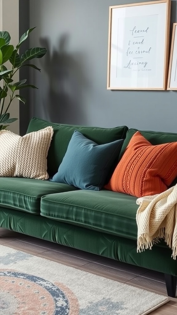 A green sofa with colorful pillows in a stylish living room setting, accented by plants and artwork.