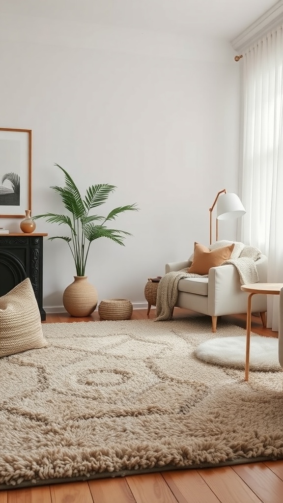 Cozy living room with a fluffy rug, minimalist furniture, and a potted plant.