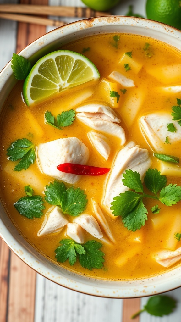 A bowl of Thai Coconut Chicken Soup with lime and herbs.