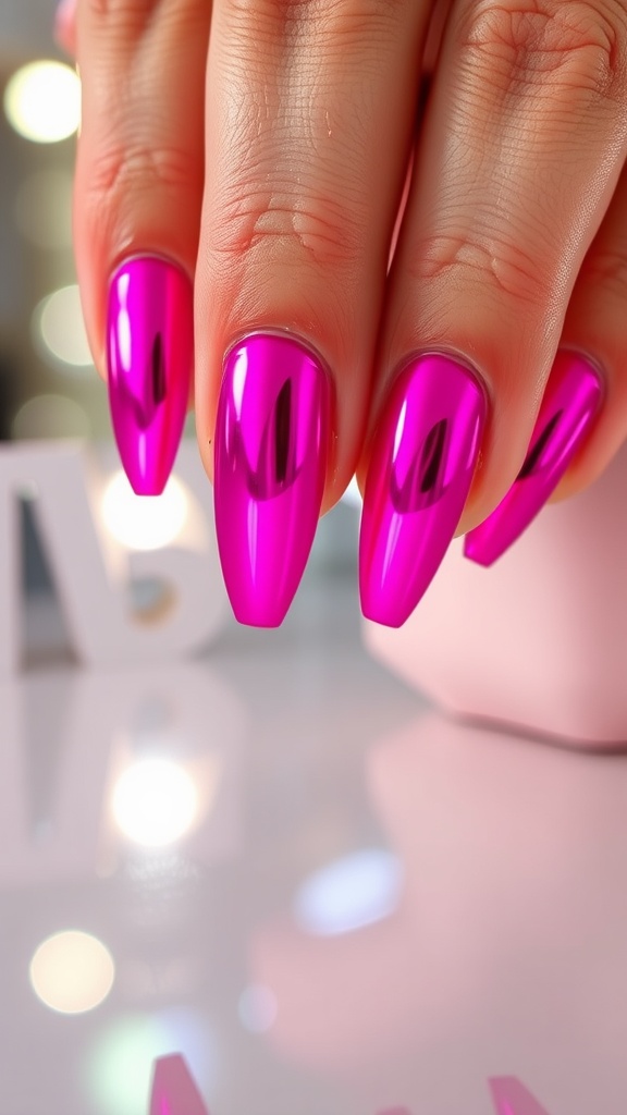 Close-up of hands with hot pink chrome nails