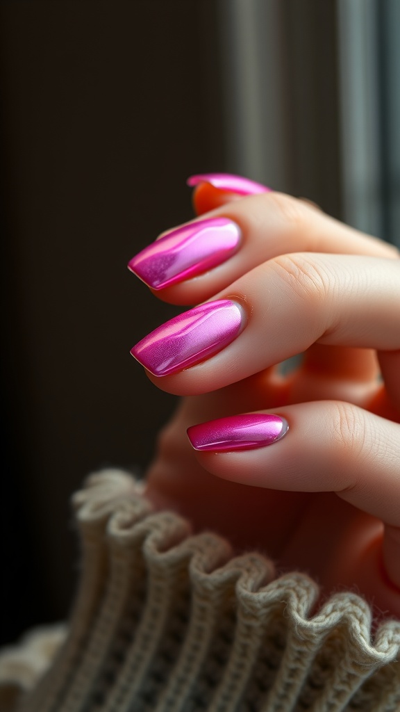 Close-up of pink chrome finish nails with pointed tips, held against a knitted sweater.