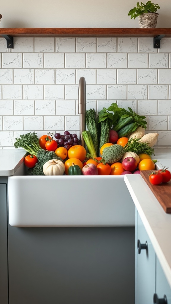 A deep farmhouse kitchen sink filled with various fresh vegetables and fruits, showcasing its spacious design against a tiled backsplash.