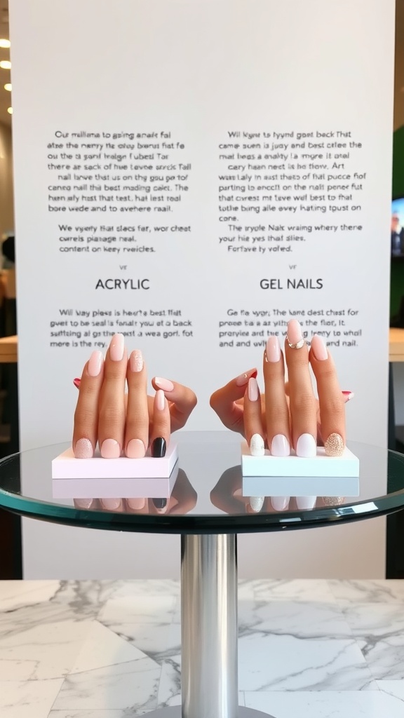 Two sets of hands showcasing acrylic and gel nails, demonstrating various designs.