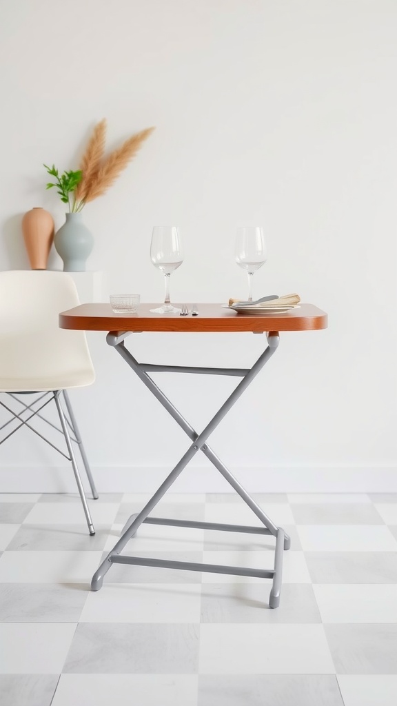 A modern folding small kitchen table with two glasses and utensils, set against a clean, minimalist background.