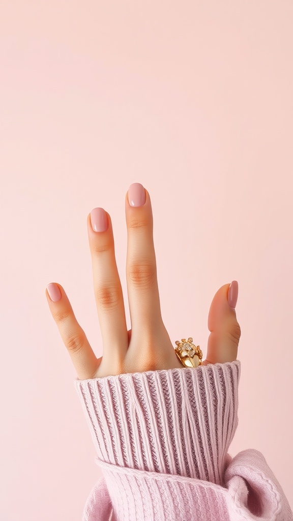 A close-up of a hand with nude acrylic nails, wearing a gold ring, against a soft pink background.
