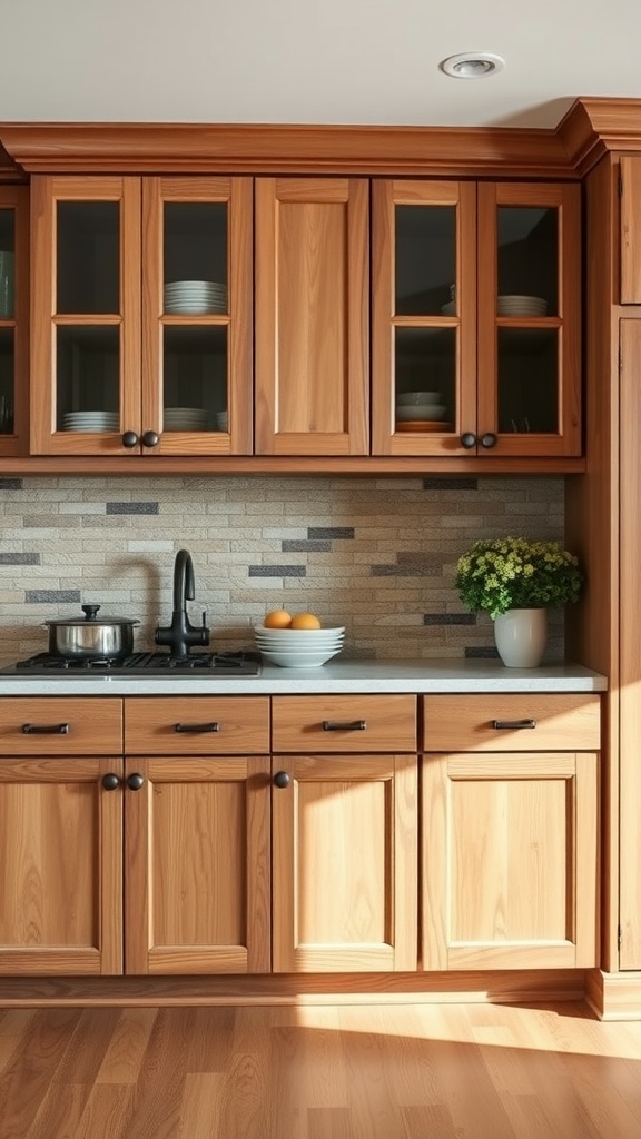 A farmhouse kitchen featuring Shaker style cabinetry with wooden cabinets and a stone backsplash.