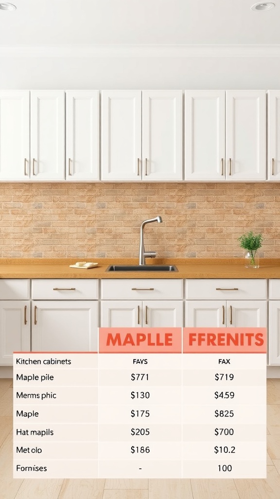 A modern kitchen featuring maple cabinets and a price comparison chart.