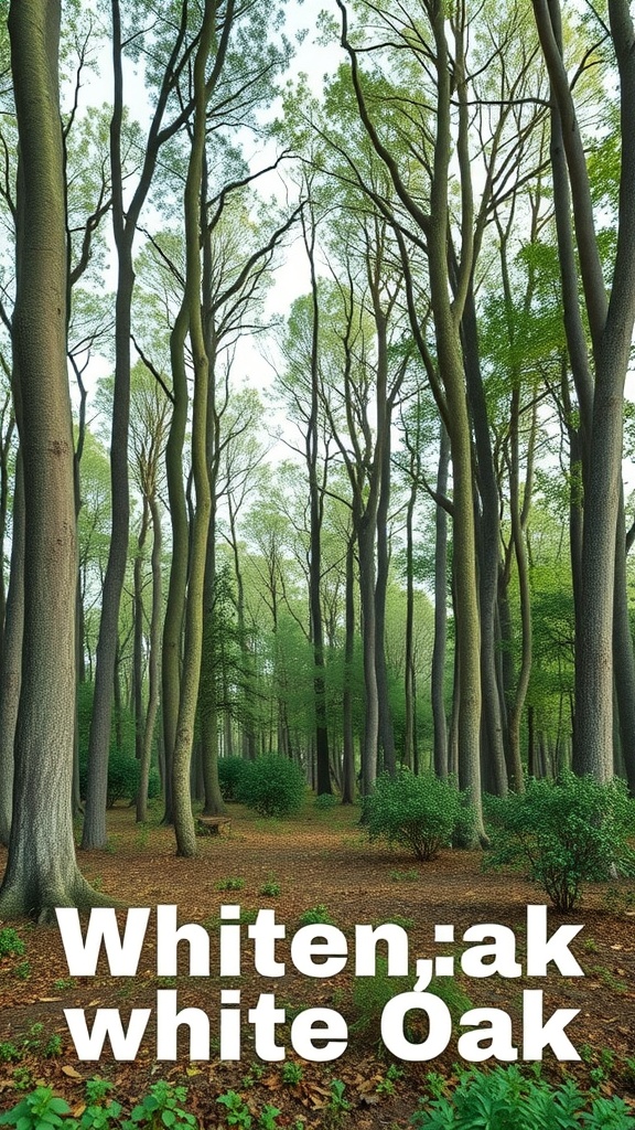 A serene forest filled with white oak trees, showcasing their tall trunks and lush green leaves.