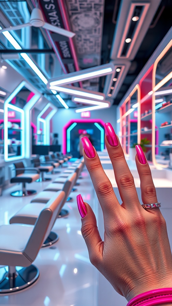 A close-up of a hand with long hot pink chrome nails in a modern nail salon setting.
