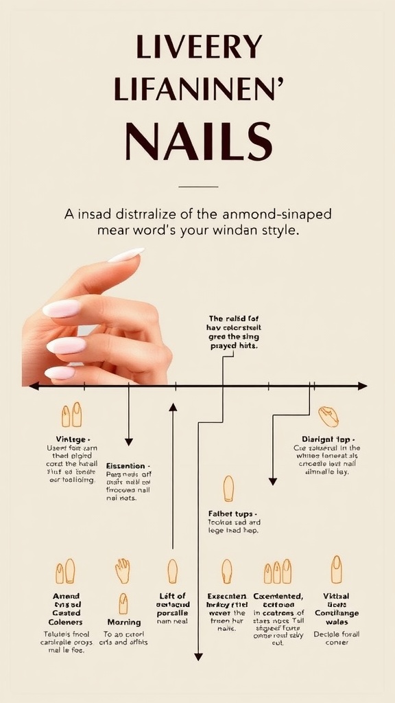 An infographic showing the evolution of almond-shaped nails with various styles and descriptions.
