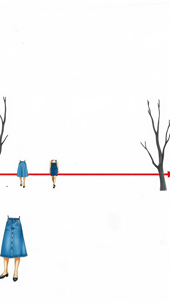 Illustration showing different styles of denim skirts, including a maxi skirt and shorter options, against a minimal background.