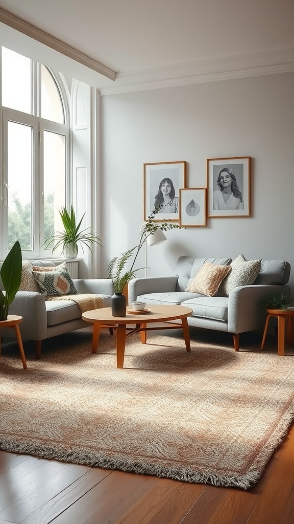 A cozy living room featuring a textured area rug, comfortable sofas, and decorative elements.
