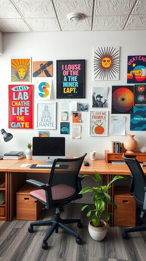 A modern office space with colorful artwork on the wall, featuring various prints and a stylish desk setup.